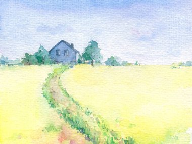 Watercolor beautiful village landscape with path to the house. Hand drawn illustration. clipart