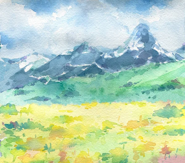 前景に山と黄色の花と美しい風景 水彩で手描き — ストック写真
