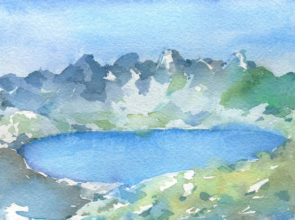 Landscape with mountains and lake. Nature background. Hand painted in watercolor.