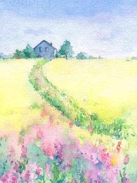 家へのパスを持つ水彩画の美しい村の風景 手描きイラスト — ストック写真