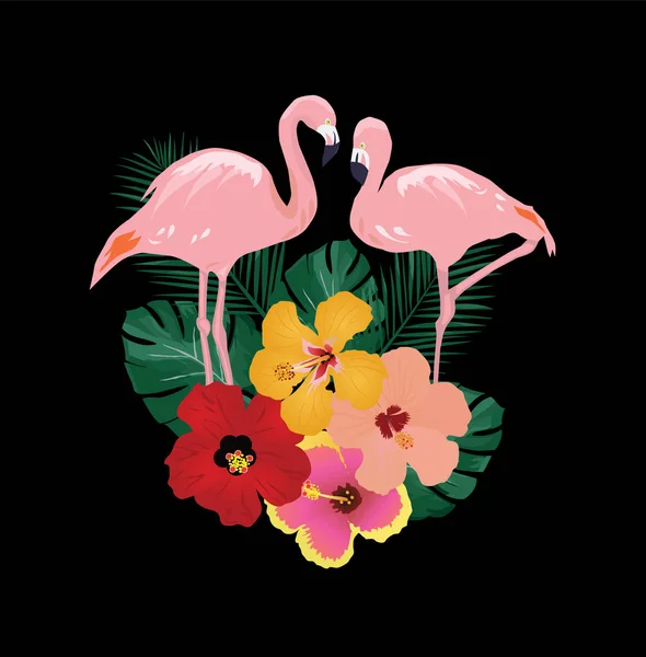 Vector Flamencos y Flores Tropicales — Archivo Imágenes Vectoriales