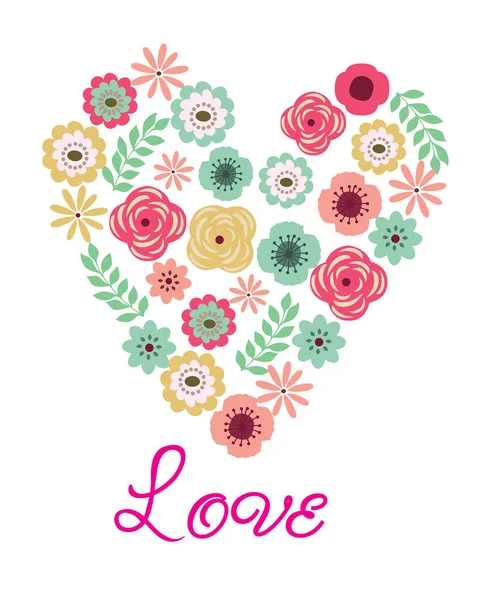 Vector Vintage Floral Καρδιά Κείμενο Αγάπης — Διανυσματικό Αρχείο