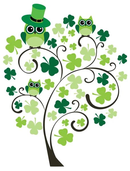 Vector Illustration Green Tree Owls Shamrocks Patrick Day Celebration — Stock Vector