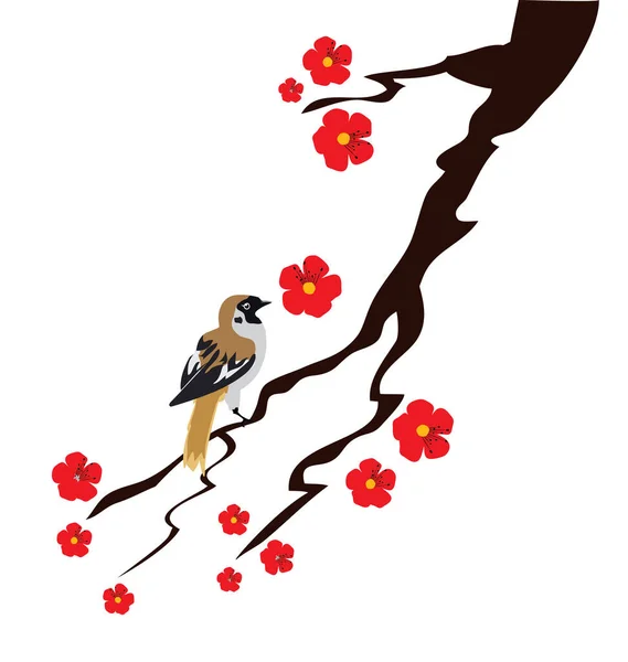 Vector Illustration Blossom Branch Sparrow — Stock Vector