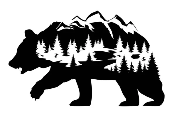 Illustrazione Vettoriale Una Silhouette Orso Con Foresta Montagne Fantasia Orso — Vettoriale Stock