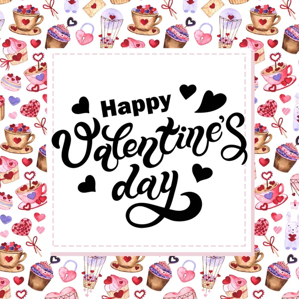 Happy Valentine Day Hand Drawn Lettering Watercolor Romantic Background Background — 스톡 사진