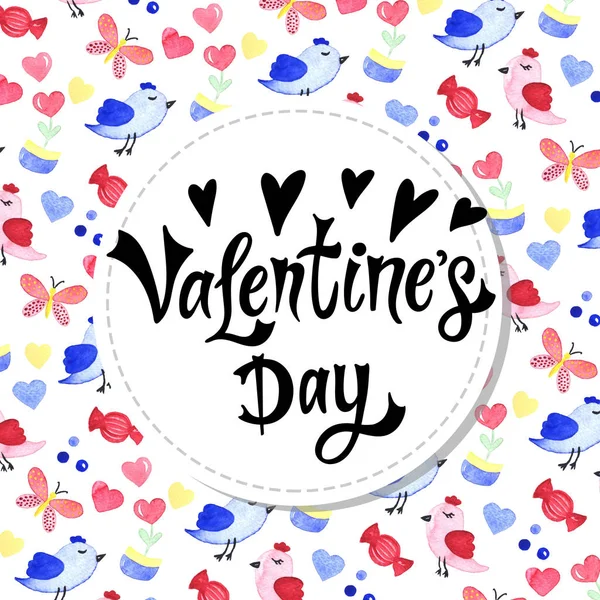 Valentijnsdag Handgetekend Belettering Met Aquarel Romantische Achtergrond Achtergrond Heeft Harten — Stockfoto