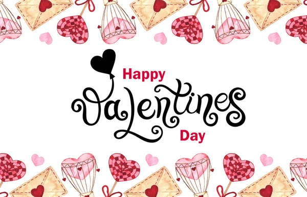 Feliz Día San Valentín Letras Dibujadas Mano Con Ilustración Acuarela — Foto de Stock