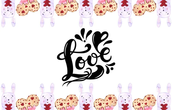 Liefde Handgetekende Letters Met Aquarelillustratie Romantische Illustraties Met Liefdessymbolen Harten — Stockfoto