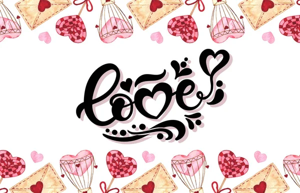 Miłości Ręcznie Rysowane Litery Akwarelową Ilustracją Romantyczne Ilustracje Symbolami Miłości — Zdjęcie stockowe