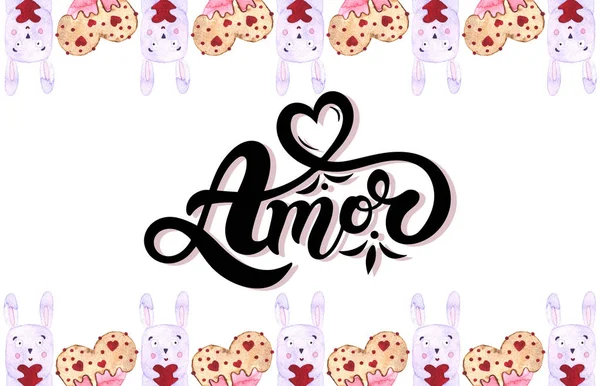 Met Amor Handgetekende Letters Met Aquarelillustratie Romantische Illustraties Met Liefdessymbolen — Stockfoto