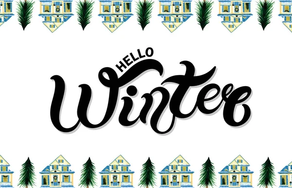 Hello Winter Hand Drawn Lettering Watercolor Winter Illustration Winter Border — ストック写真