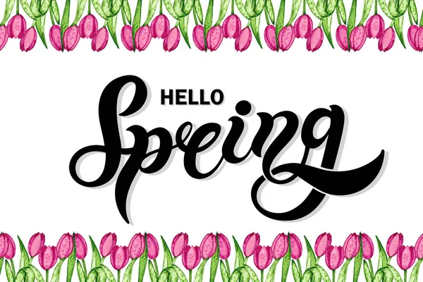 Hello Spring Hand Drawn Lettering Watercolor Spring Illustration Spring Border — ストック写真