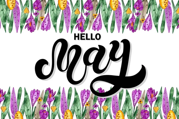 Hello May Hand Drawn Lettering Watercolor Spring Illustration Spring Border — ストック写真