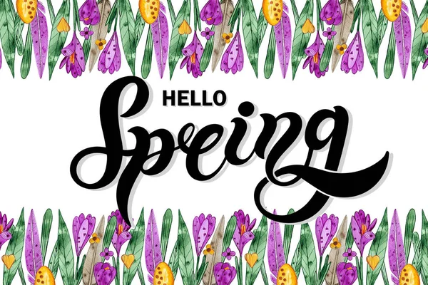 Hello Spring Hand Drawn Lettering Watercolor Spring Illustration Spring Border — ストック写真
