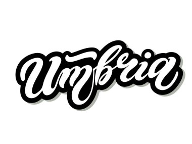 Umbria. İtalyan bölgesinin adı. El çizimi harfler. Vektör çizimi. Hatıra eşyaları için en iyisi..