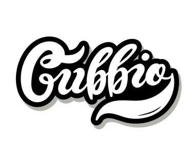 Gubbio. Umbria bölgesindeki İtalyan kentinin adı. El çizimi harfler. Vektör çizimi. Hatıra eşyaları için en iyisi..