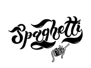 Spagetti. İtalyanca makarnanın adı. El çizimi harfler. Vektör çizimi. Resimler restoran ya da kafe menüsü tasarımı için harikadır