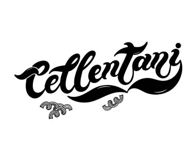 Cellentani. İtalyanca makarnanın adı. El çizimi harfler. Vektör çizimi. Resimler restoran ya da kafe menüsü tasarımı için harikadır
