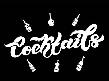 Kokteyller. Alkollü içki türü. El çizimi harfler. Vektör çizimi. Restoran veya bar tasarımı için en iyisi