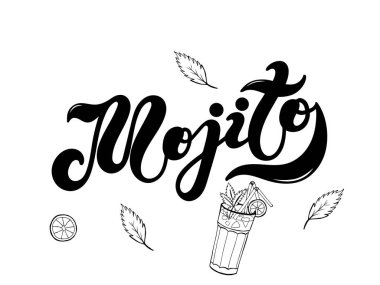 Mojito. Kokteyl tipi. El çizimi harfler. Vektör çizimi. Restoran veya bar tasarımı için en iyisi