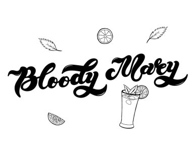 Kanlı Mary. Alkollü kokteyl türü. El çizimi harfler. Vektör çizimi. Restoran veya bar tasarımı için en iyisi