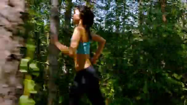 Tracking camera of woman girl running jogging in park, wood, forest — Αρχείο Βίντεο