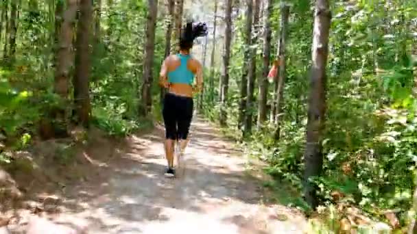 Камера слежения за бегом женщины в парке, лесу, лесу — стоковое видео