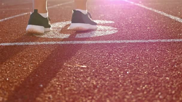 Track runner vrouw om haar handen op de startlijn — Stockvideo