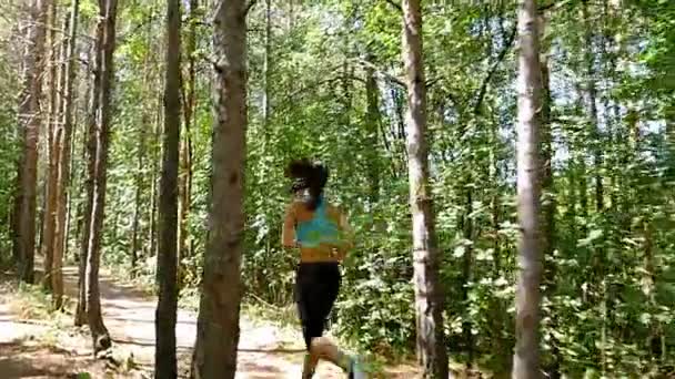 Tracking camera of woman girl running jogging in park, wood, forest, slow motion — Stock Video