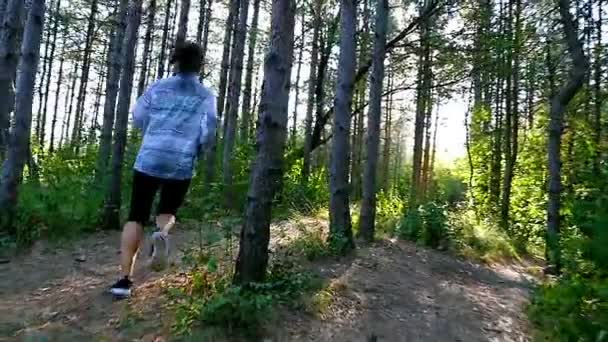 跟踪女人女孩跑慢跑在公园里，木材，森林，慢动作的摄像机 — 图库视频影像