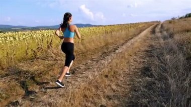 Ayçiçeği alanında, yavaş Koşu çalışan kulaklıklar ile kadın kız kamera izleme