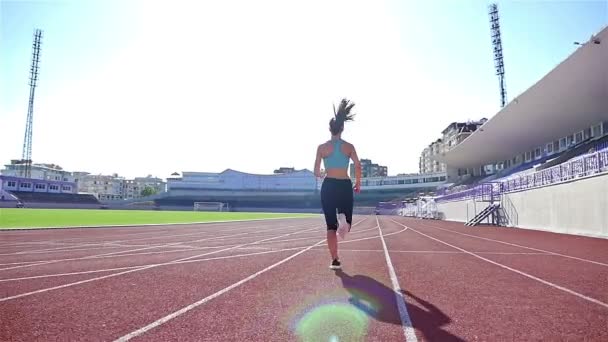 Śledzenia kamery dziewczyny kobieta lekkoatletka runner utwór uruchomiona na stadionie, w zwolnionym tempie — Wideo stockowe