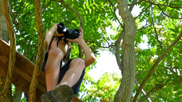 Boy spying with binoculars at the top of the tree — Stock video