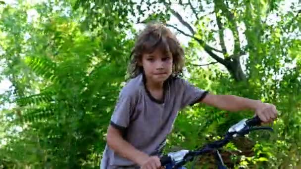 Low angle of a young boy riding bike, tree branches above him, close up — Stockvideo