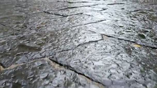 Хождение по мокрой каменной улице как фон — стоковое видео