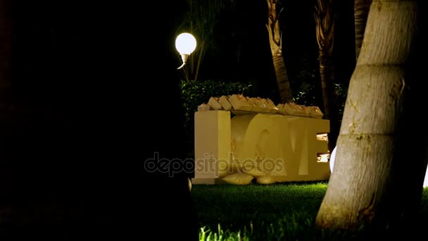 Jardin décoré pour une fête de mariage la nuit, grand mot Amour au centre — Video