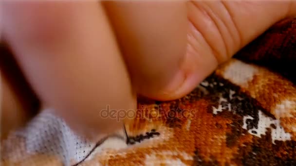 Mulher costurando uma tapeçaria em casa — Vídeo de Stock
