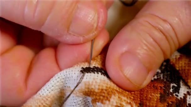 Mujer cosiendo un tapiz en casa — Vídeo de stock