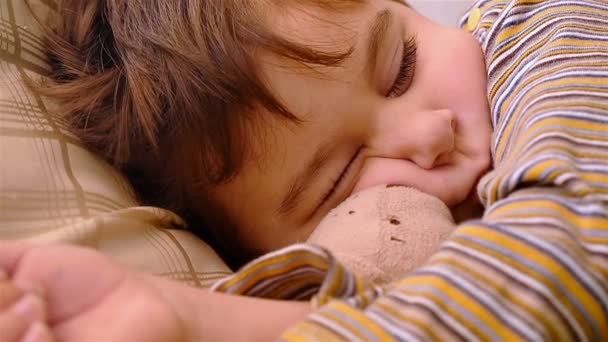 Portrait of 3 years old boy sleeping with teddy bear. His mother hand caressing him. — Stock Video