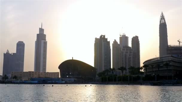Dubai downtown skyline. Scyscrapers near Dubai fountains and Burj Khalifa. Time lapse — Stock Video