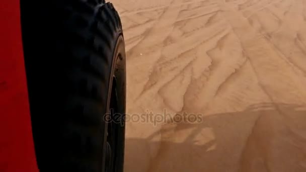Detalj bild på däcket av en röd buggy för safari rida i rörelse — Stockvideo