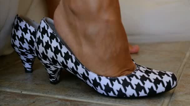 ハイヒールの黒と白の花嫁の靴の美しいペア — ストック動画