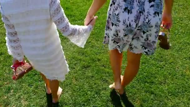 女人和女孩赤脚走过绿草 自由概念 — 图库视频影像