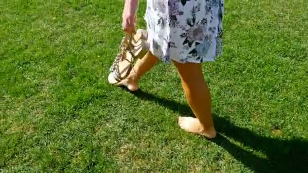Γυναίκα Λευκό Φόρεμα Γυμνά Πόδια Περπατώντας Πάνω Πράσινο Γρασίδι Ελευθερία — Αρχείο Βίντεο