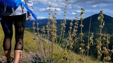 Dağın tepesinde günbatımında koşu kadın uzun yürüyüşe çıkan kimse hayat doğal Doğa manzara tatil seyahat macera, 4 k zevk kutluyor kız göster
