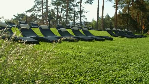 Muitos Chaise Longues Uma Fileira Uma Grama Verde Montanha — Vídeo de Stock