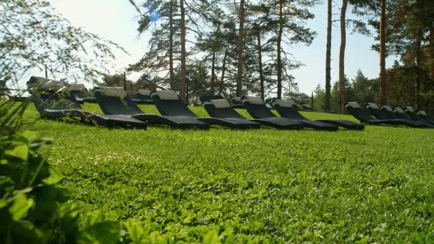 Muitos Chaise Longues Uma Fileira Uma Grama Verde Montanha — Vídeo de Stock