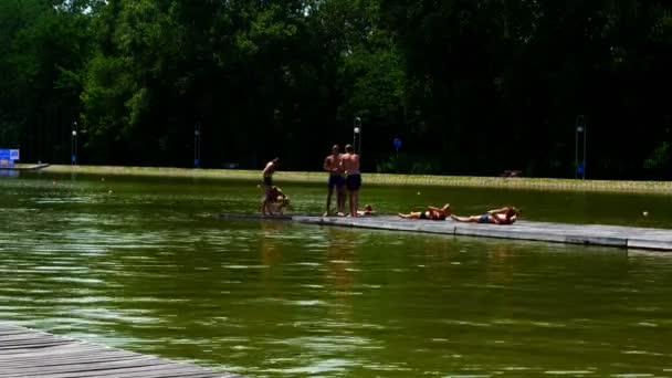 People Swimsuit Sunbathing Having Fun River Wooden Pier — 비디오