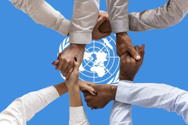 united nations flag, intergration of a multicultural group of young people clipart